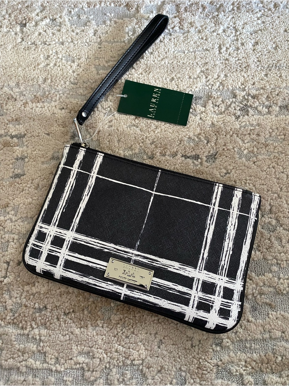 Ralph Lauren Swanfield Large Wristlet Clutch Black & White Plaid Checked Wallet